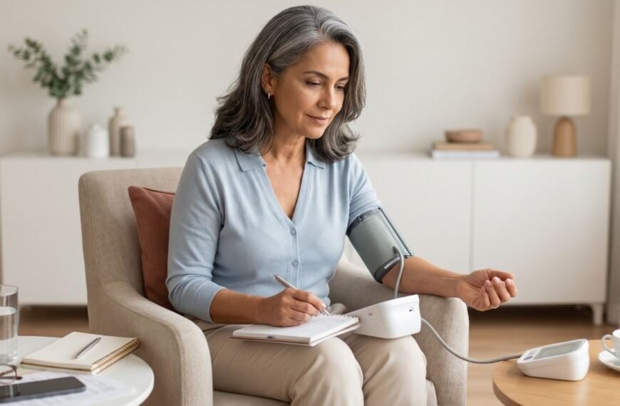mulher 50+ medindo a pressão em casa durante a menopausa