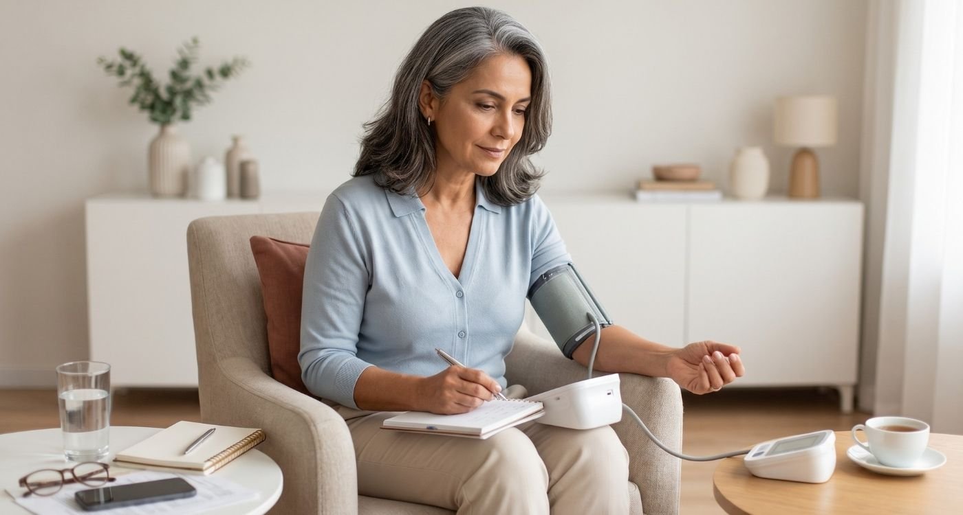 mulher 50+ medindo a pressão em casa durante a menopausa