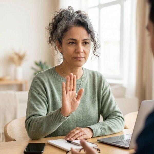 Mulher 40+ sentada em frente ao companheiro, respirando com calma ao estabelecer limites saudáveis na menopausa.