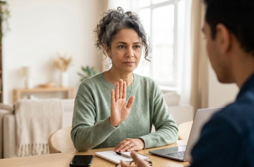 Mulher 40+ sentada em frente ao companheiro, respirando com calma ao estabelecer limites saudáveis na menopausa.