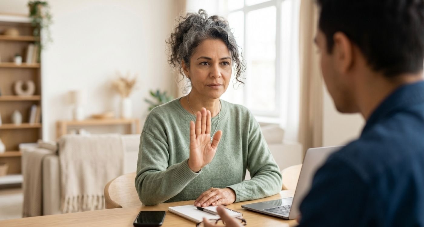 Mulher 40+ sentada em frente ao companheiro, respirando com calma ao estabelecer limites saudáveis na menopausa.