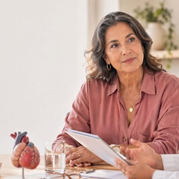 mulher na pós-menopausa em consulta, conversando sobre menopausa e doença coronariana com profissional de saúde