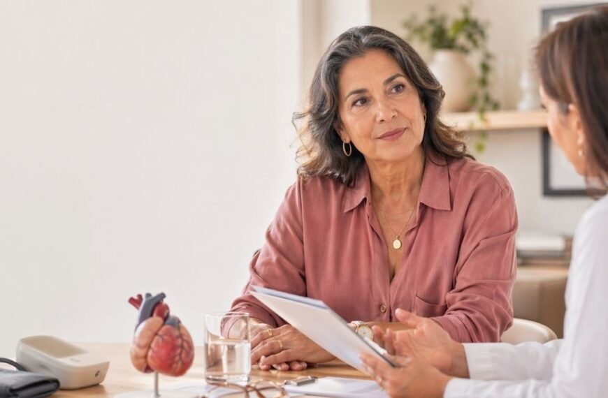 mulher na pós-menopausa em consulta, conversando sobre menopausa e doença coronariana com profissional de saúde