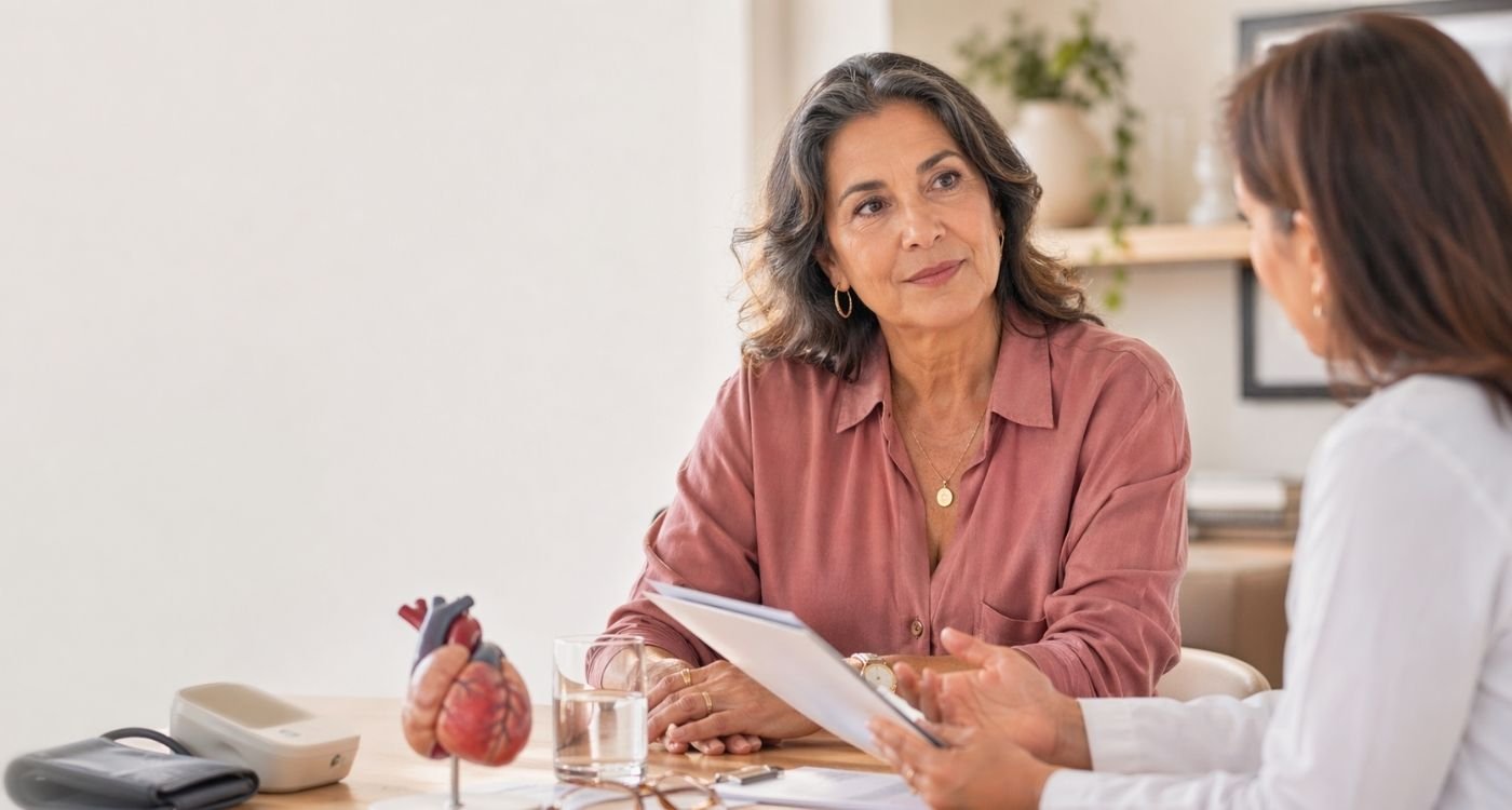 mulher na pós-menopausa em consulta, conversando sobre menopausa e doença coronariana com profissional de saúde