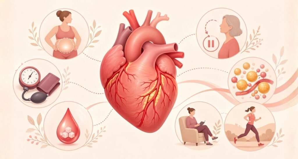 ilustração didática mostrando coração, artérias coronárias e fatores de risco em menopausa e doença coronariana