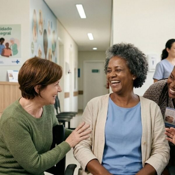 grupo de mulheres 40+ aguardando consulta no posto de saúde, representando menopausa e saúde pública no Brasil
