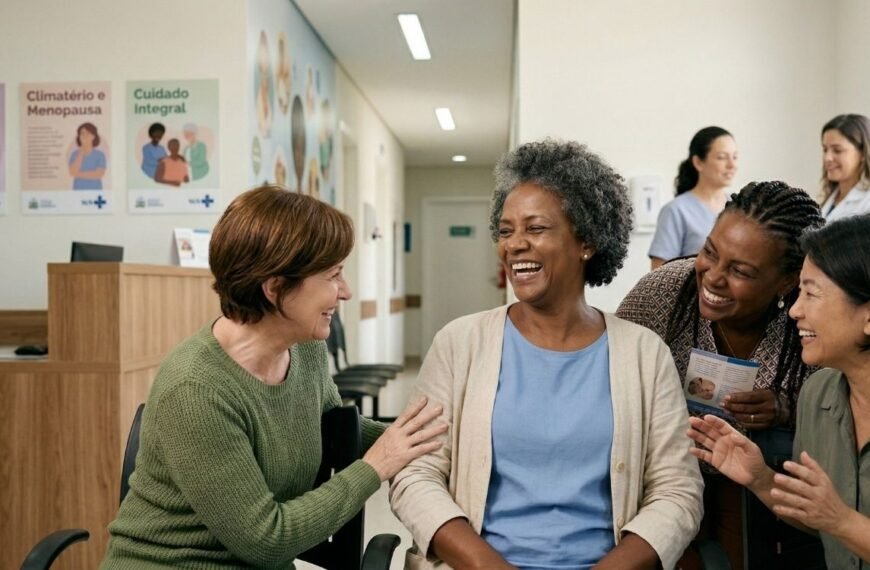 grupo de mulheres 40+ aguardando consulta no posto de saúde, representando menopausa e saúde pública no Brasil