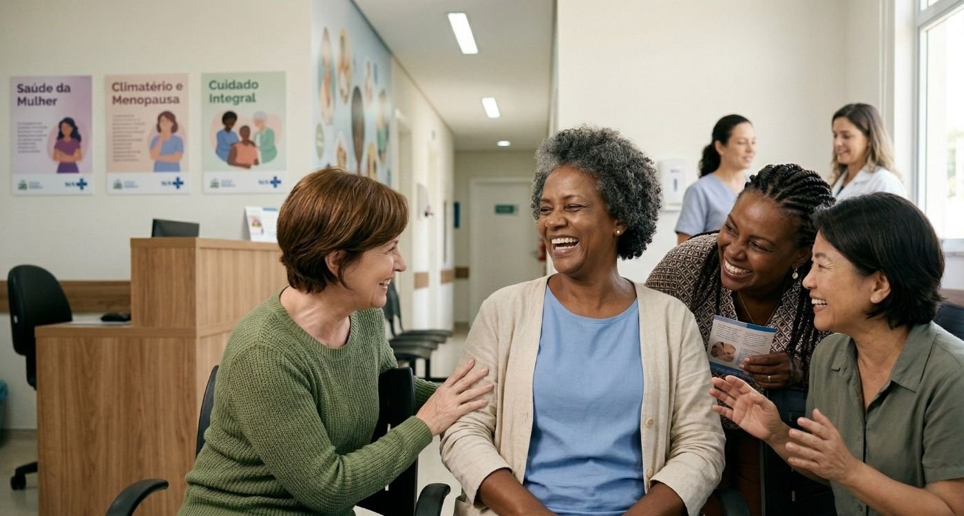 grupo de mulheres 40+ aguardando consulta no posto de saúde, representando menopausa e saúde pública no Brasil