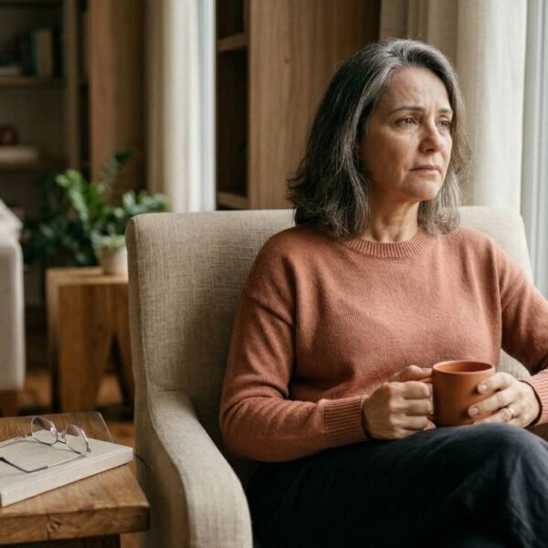 mulher 40+ em momento contemplativo, com expressão serena, ilustrando menopausa e solidão com foco em saúde emocional