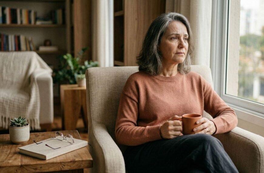 mulher 40+ em momento contemplativo, com expressão serena, ilustrando menopausa e solidão com foco em saúde emocional