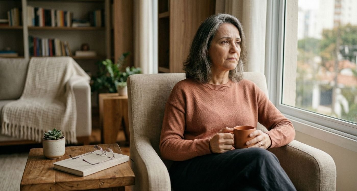 mulher 40+ em momento contemplativo, com expressão serena, ilustrando menopausa e solidão com foco em saúde emocional