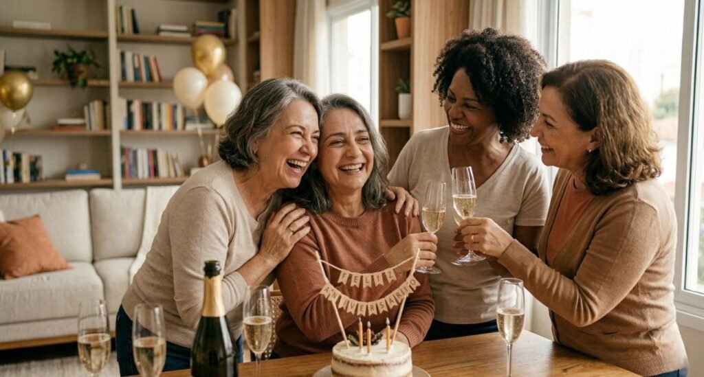 Grupo de mulheres lutando contra a solidão na menopausa. Encontram-se em um momento intimista de celebração, representando grupo de apoio na menopausa