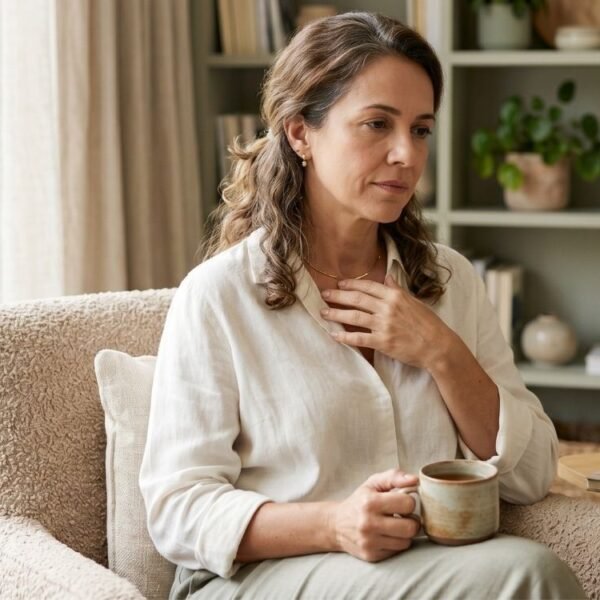 Mulher 40+ em casa refletindo sobre menopausa ou ansiedade e seus sintomas