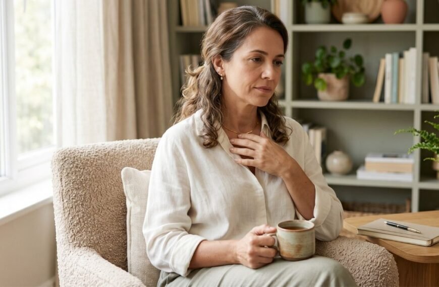 Mulher 40+ em casa refletindo sobre menopausa ou ansiedade e seus sintomas