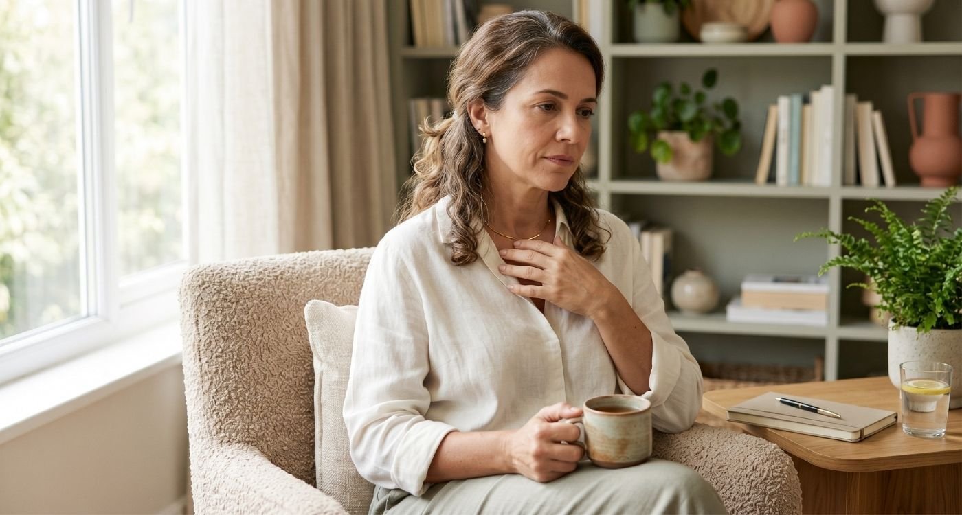 Mulher 40+ em casa refletindo sobre menopausa ou ansiedade e seus sintomas