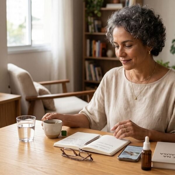 mulher 40+ em ambiente acolhedor representando menopausa sem hormônios