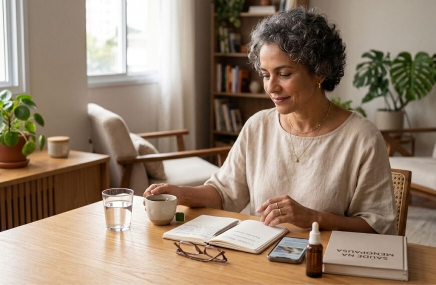 mulher 40+ em ambiente acolhedor representando menopausa sem hormônios