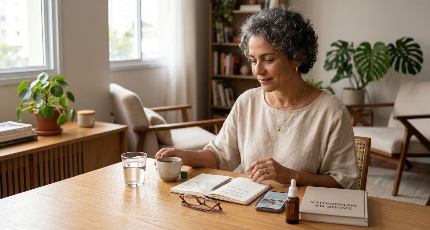 mulher 40+ em ambiente acolhedor representando menopausa sem hormônios