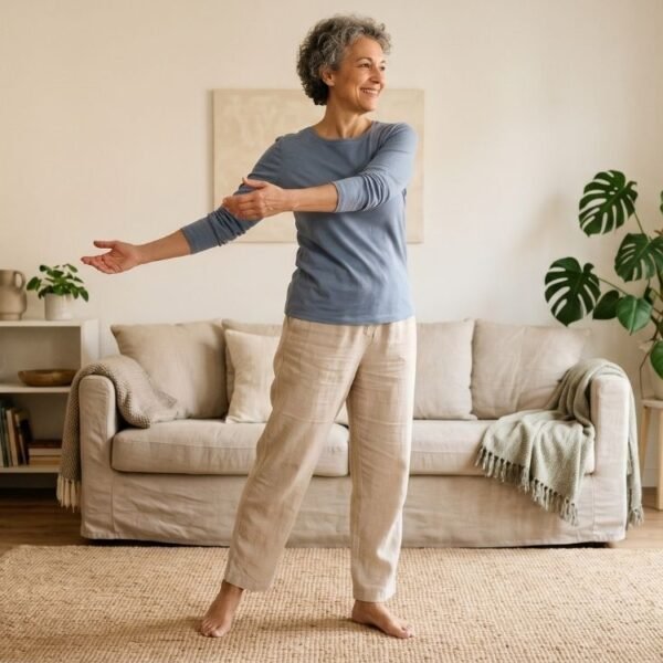 mulher na pós-menopausa praticando movimento consciente em casa com foco em mobilidade na menopausa