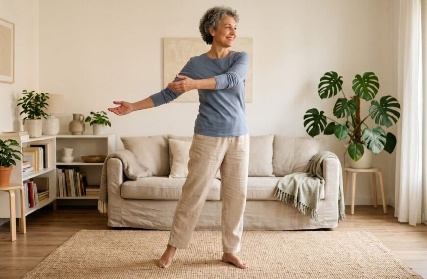 mulher na pós-menopausa praticando movimento consciente em casa com foco em mobilidade na menopausa