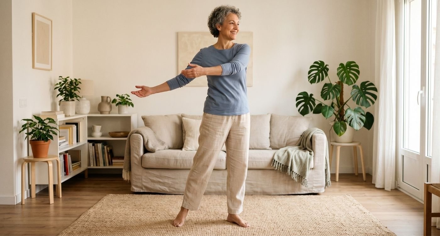 mulher na pós-menopausa praticando movimento consciente em casa com foco em mobilidade na menopausa