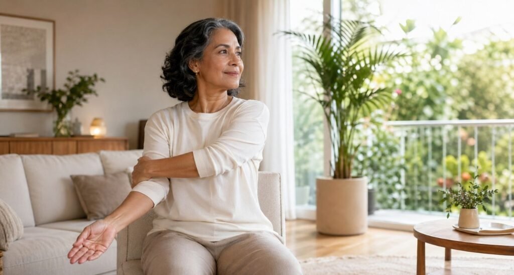 mulher na pós-menopausa praticando movimento consciente em casa com foco em mobilidade na menopausa e saúde articular