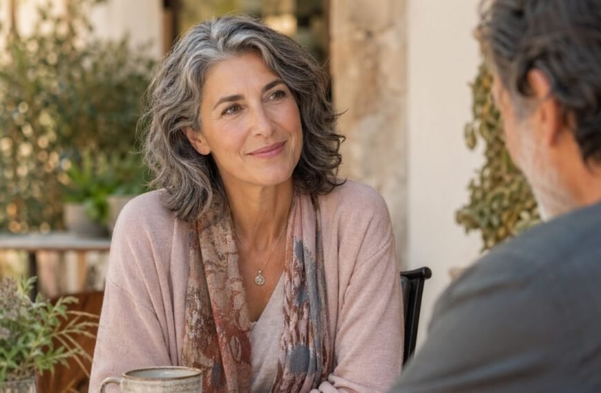 Casal maduro conversando com leveza sobre limites e desejo no namoro na menopausa