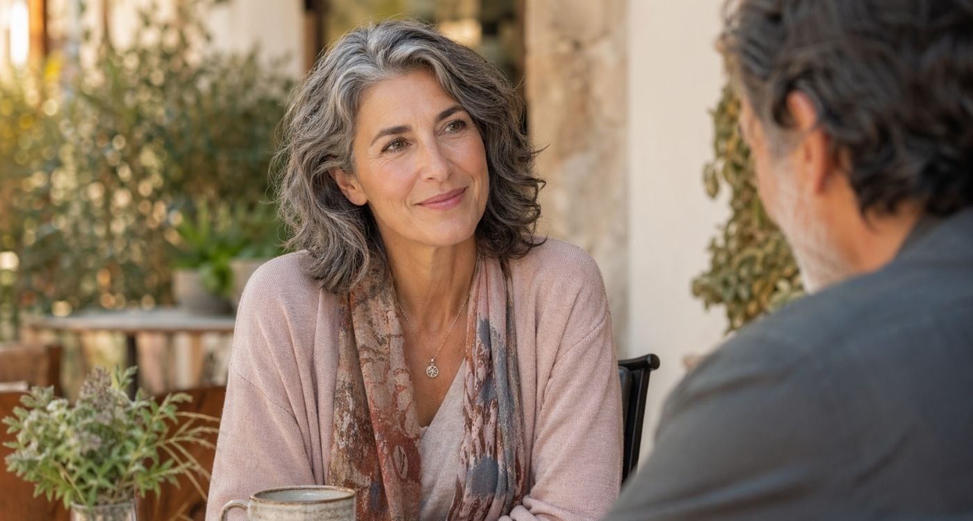 Casal maduro conversando com leveza sobre limites e desejo no namoro na menopausa