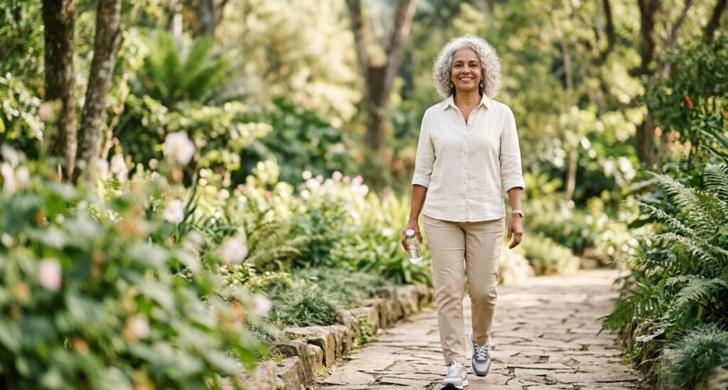 Mulher 50+ em caminhada ao ar livre para ilustrar osteoporose na menopausa