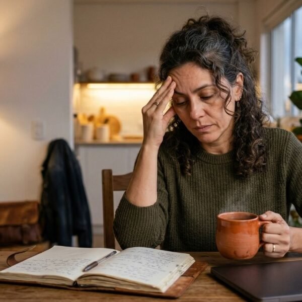 A imagem mostra uma mulher de meia-idade com expressão de exaustão, representando a perimenopausa e saúde. Sentada a uma mesa de madeira, apoiando a cabeça na mão com os olhos fechados e segurando uma caneca de cerâmica.