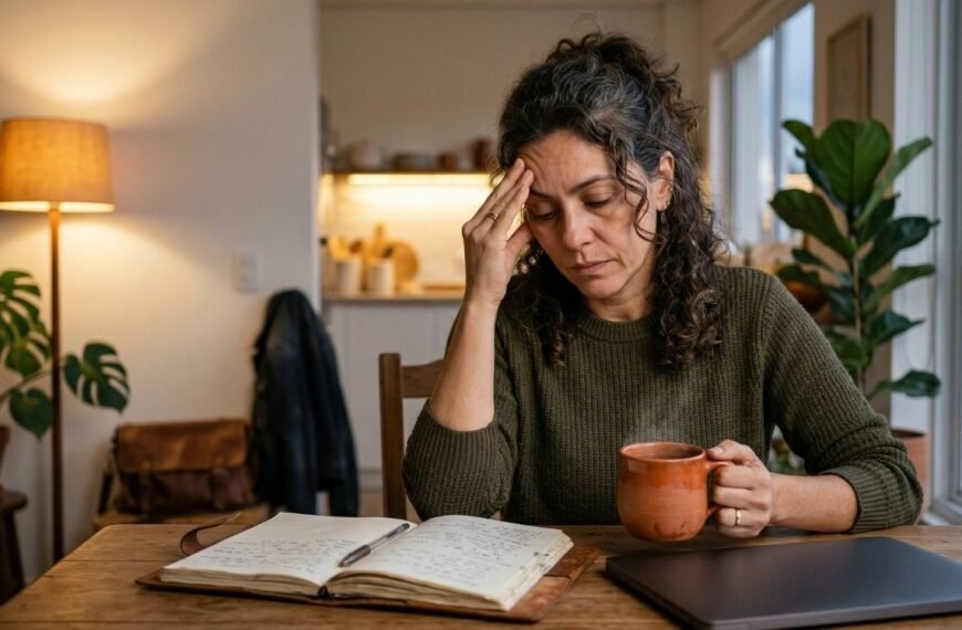 A imagem mostra uma mulher de meia-idade com expressão de exaustão, representando a perimenopausa e saúde. Sentada a uma mesa de madeira, apoiando a cabeça na mão com os olhos fechados e segurando uma caneca de cerâmica.