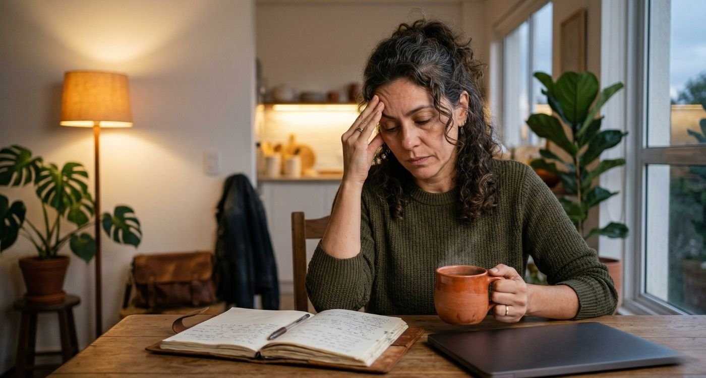 A imagem mostra uma mulher de meia-idade com expressão de exaustão, representando a perimenopausa e saúde. Sentada a uma mesa de madeira, apoiando a cabeça na mão com os olhos fechados e segurando uma caneca de cerâmica.