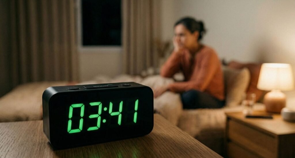 Uma foto de primeiro plano com foco nítido em um despertador digital preto que exibe "03:41" em grandes números verdes brilhantes sobre uma mesa de madeira. No fundo, que está desfocado, uma mulher está sentada na borda de uma cama em um quarto escuro, parecendo cansada e segurando a cabeça, com um abajur aceso ao lado. Representando a perimenopausa e saúde