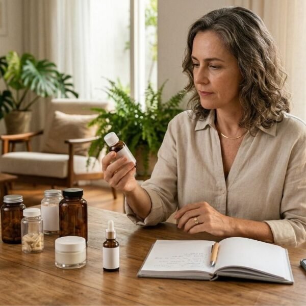 mulher 40+ avaliando produtos para menopausa em casa, com expressão crítica e acolhedora