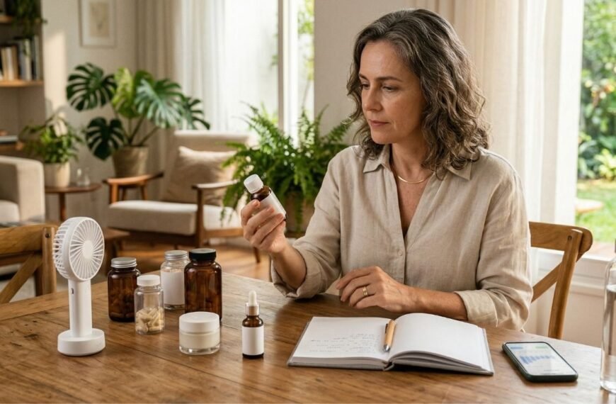 mulher 40+ avaliando produtos para menopausa em casa, com expressão crítica e acolhedora