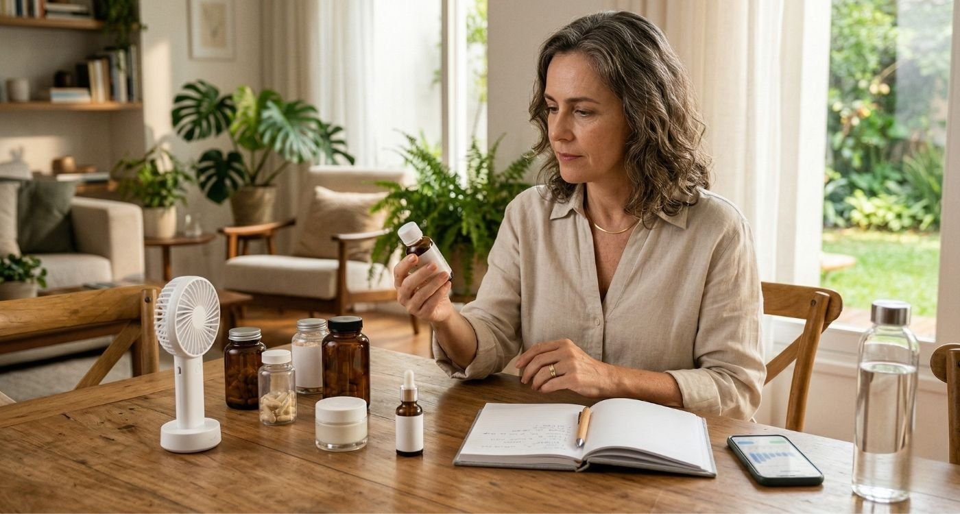 mulher 40+ avaliando produtos para menopausa em casa, com expressão crítica e acolhedora