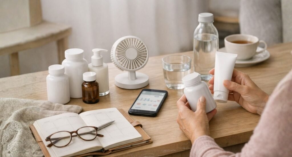 itens de autocuidado e conforto sobre a mesa, ilustrando produtos para menopausa com olhar prático e sem exageros