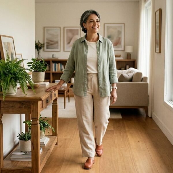 Mulher 50+ caminhando em casa com ambiente bem iluminado, ilustrando quedas na menopausa e prevenção de fraturas.