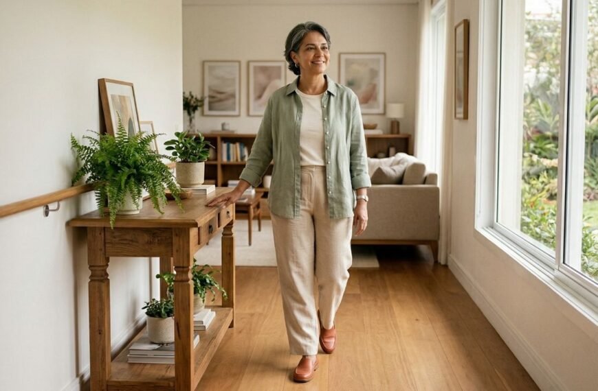 Mulher 50+ caminhando em casa com ambiente bem iluminado, ilustrando quedas na menopausa e prevenção de fraturas.