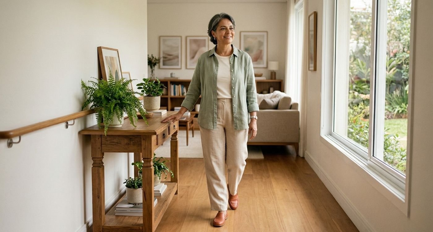 Mulher 50+ caminhando em casa com ambiente bem iluminado, ilustrando quedas na menopausa e prevenção de fraturas.