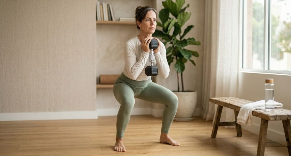 Mulher 40+ realizando exercício de força, ilustrando recuperação muscular na menopausa