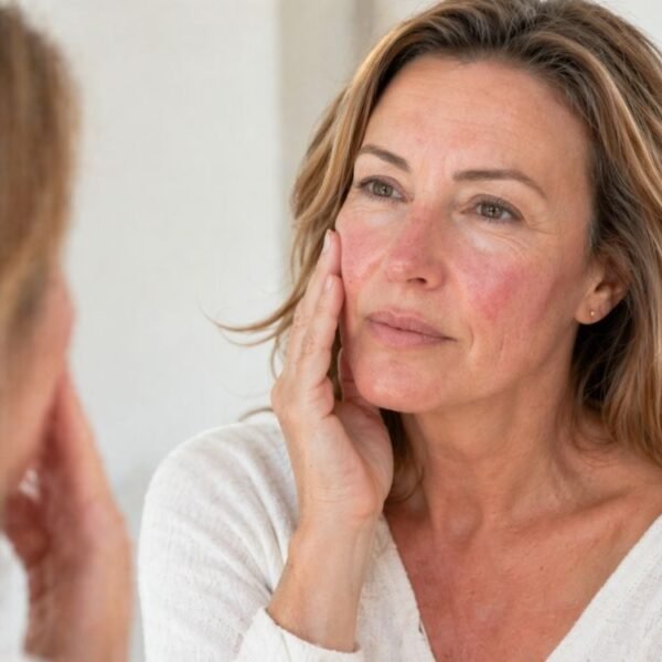 Mulher 40+ com rosácea na menopausa, pele sensível e vermelhidão suave no rosto em luz natural