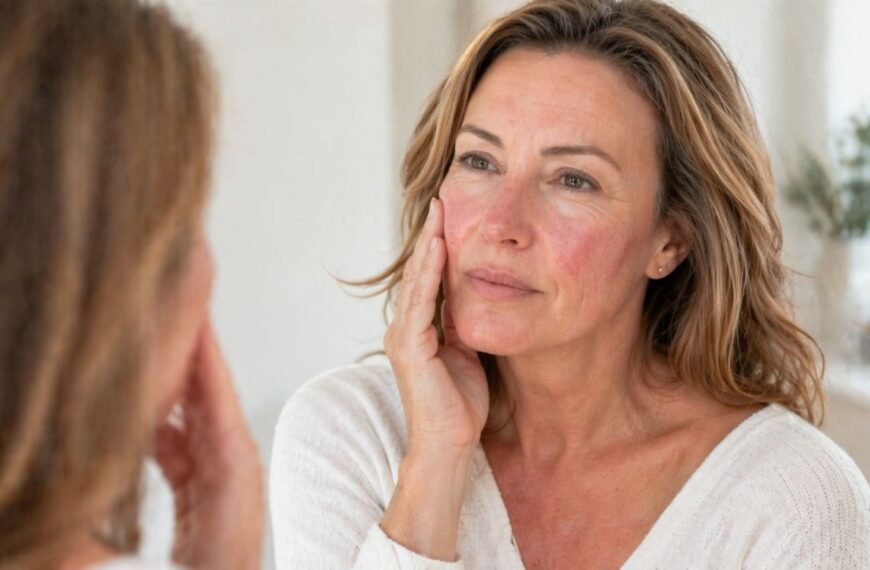 Mulher 40+ com rosácea na menopausa, pele sensível e vermelhidão suave no rosto em luz natural