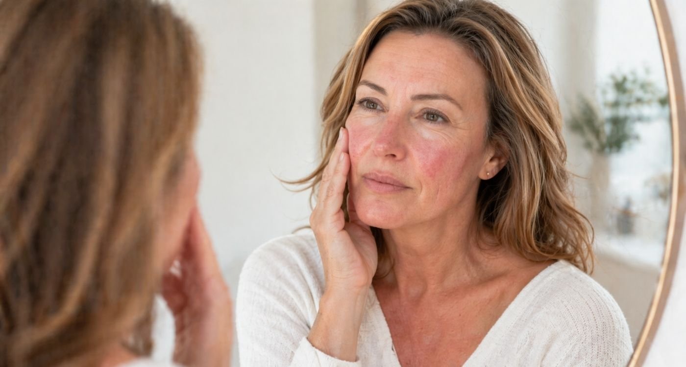 Mulher 40+ com rosácea na menopausa, pele sensível e vermelhidão suave no rosto em luz natural