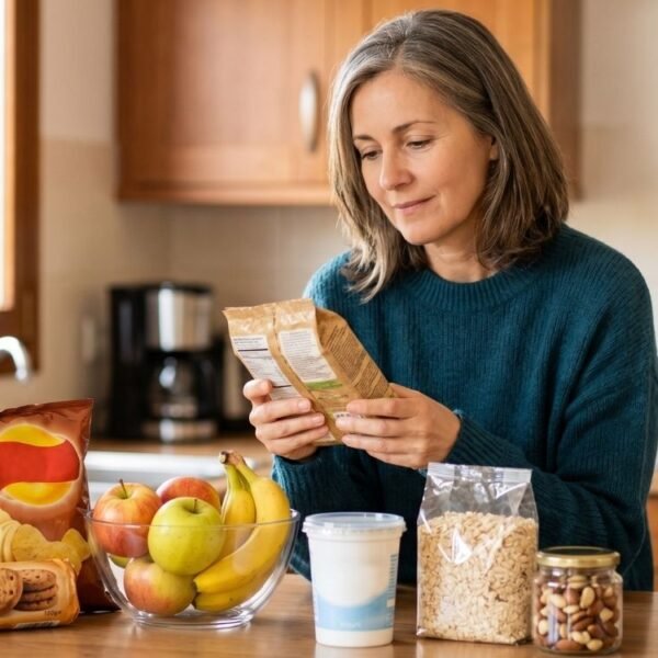 Mulher 40+ analisando alimentos na cozinha, ilustrando ultraprocessados na menopausa e seu impacto no apetite.