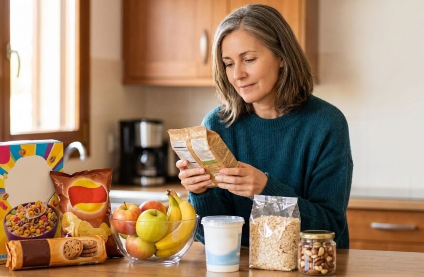 Mulher 40+ analisando alimentos na cozinha, ilustrando ultraprocessados na menopausa e seu impacto no apetite.
