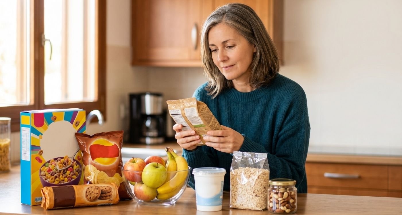 Mulher 40+ analisando alimentos na cozinha, ilustrando ultraprocessados na menopausa e seu impacto no apetite.
