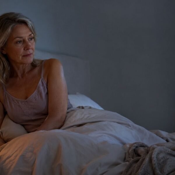 Mulher na perimenopausa acordada de madrugada, representando acordar às 3h na menopausa.