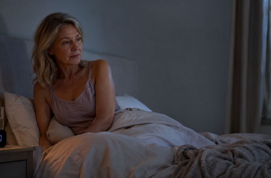 Mulher na perimenopausa acordada de madrugada, representando acordar às 3h na menopausa.