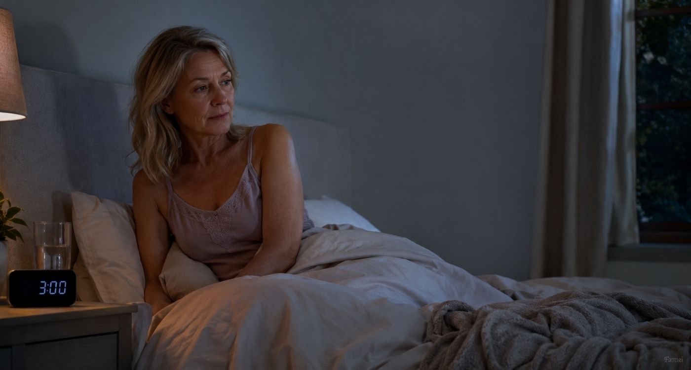 Mulher na perimenopausa acordada de madrugada, representando acordar às 3h na menopausa.